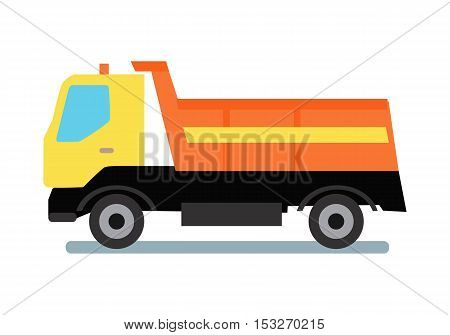 Delivery tipper truck transportation. Tipper with yellow cabin and orange vehicle. Cargo truck. Tipper dumper business truck transportation sand. Vector illustration in flat style design.