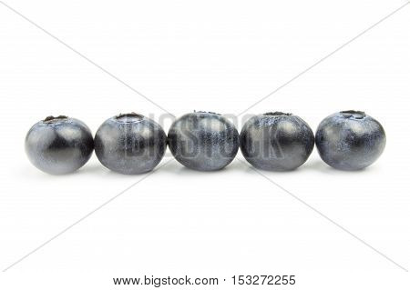 five fresh blueberries in line isolated on white background.