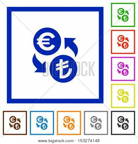 Euro Lira exchange flat color icons in square frames