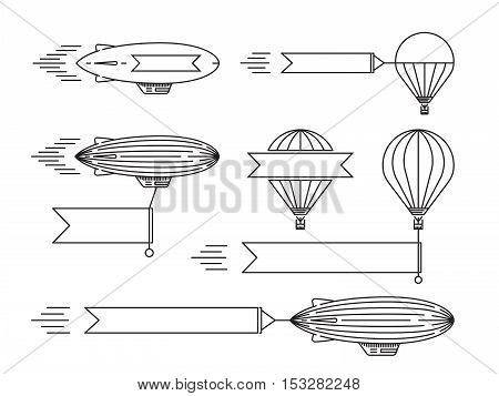 Dirigible and hot air balloons airship. Tools of Aeronautics such as the airship and the balloon to move the delivery by air of goods and people. Elements are drawn in vector in a linear style