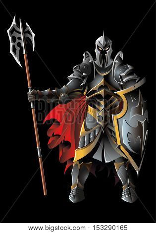 Dark guardian, with full armor, holding halberd, vector illustration