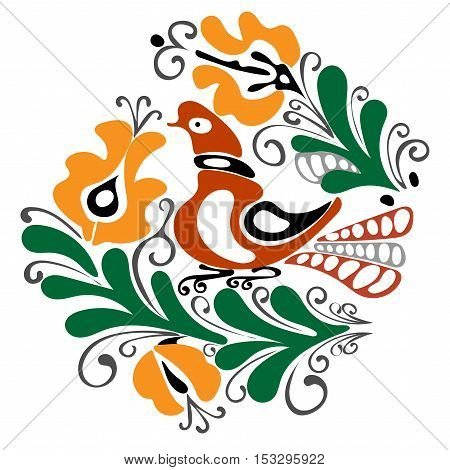 Vector Ethnic ornamental design drawn with floral elements and chicken or rooster abstract concept colorful Romanian inspiration