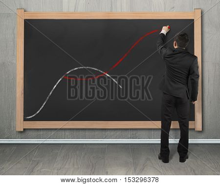 The second curve concepts man holding chalk drawing two curves on black chalkboard.