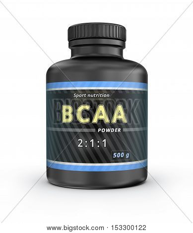 BCAA Container. Branched-Chain Amino Acids set. Sport Nutrition with BCAA. 3D illustration