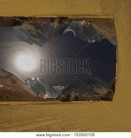 Photo manipulation - bend or crooked nature landscape with mountains corn grass field and forest with twisted moon and dark sky. Fantasy photo manipulation.