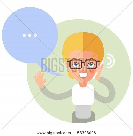 Talking on the phone woman. In the flat style. Speech bubble.