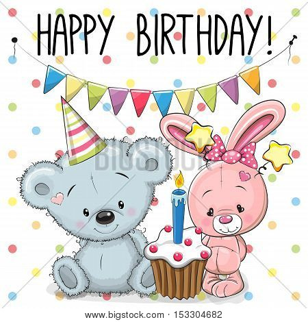 Greeting birthday card with cute rabbit and Teddy bear