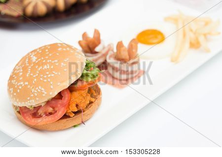 Closed up  Hamburger and breakfast / selective focus