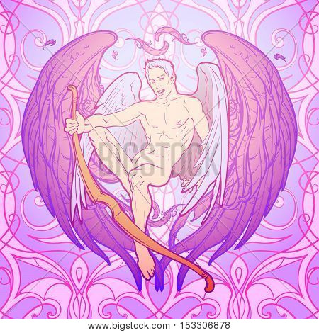 Young sexy cupid sitting with his bough. Seamless pattern background. Pinup and art Nouveau eclectic style. St Valentine's day gay friendly celebration design. Tattoo design. EPS10 vector illustration