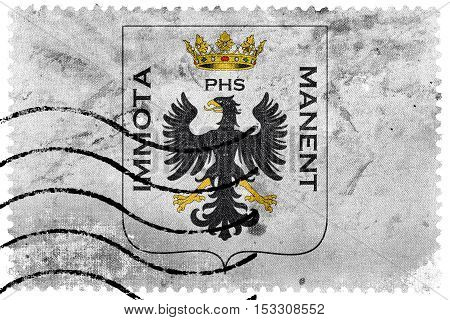 Flag Of L'aquila With Coat Of Arms, Italy, Old Postage Stamp