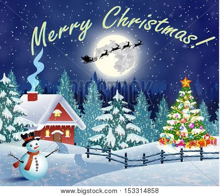 Christmas landscape with christmas tree and snowman with gifbox. background with moon and the silhouette of Santa Claus flying on a sleigh. concept for greeting or postal card, vector illustration