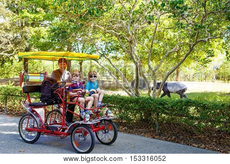 Yound dad and two little kid boys biking on bicycle in zoo. Family with active leisure and watching animals. Father and sons having fun together. Miami zoo Florida.