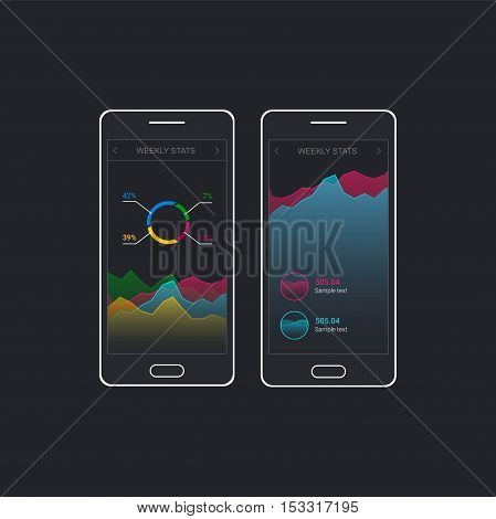 Infographic dashboard template with flat design graphs and charts. Mobile app design. Processing and analysis of data