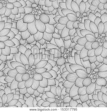 Monochrome seamless hand-drawing floral background with flower dahlias. Vector illustration.