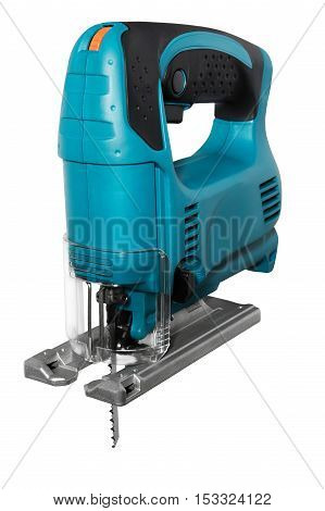 blue electric fretsaw on a white background isolated