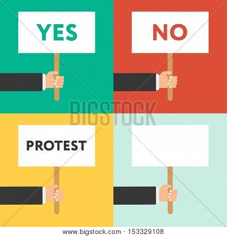 Set of hands holding different signs- yes no protest. Success satisfaction disagreement protest elections concepts. Flat graphic elements for web banners web design web sites infographics