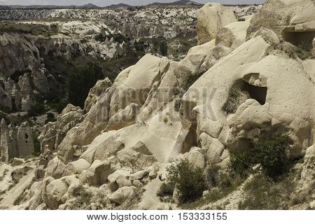 Sanstone valley in Turkey with volcanic formations and caves