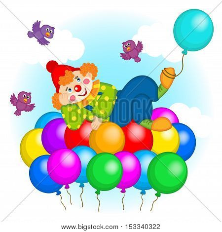 clown flying on balloons - vector illustration, eps