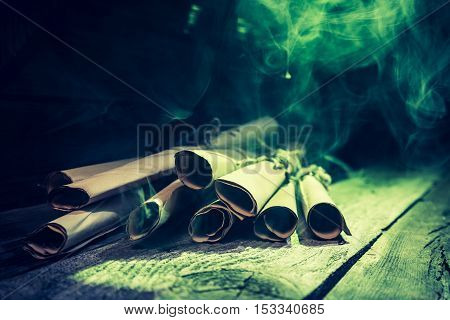 Vintage Witcher Cottage Full Of Scrolls And Recipe With Green Light For Halloween