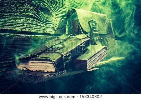 Vintage Witcher Cottage With Green Light And Books For Halloween