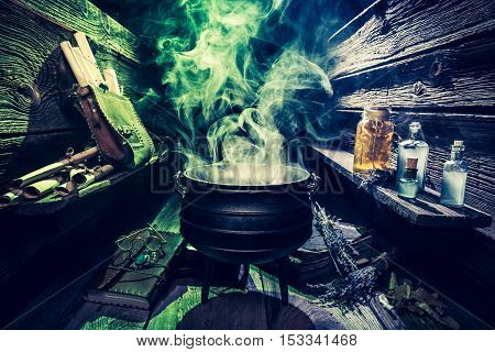 Magical Witcher Cauldron With Scrolls, Books And Potions For Halloween