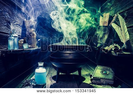 Vintage Witcher Cauldron With Books And Magic Potions For Halloween