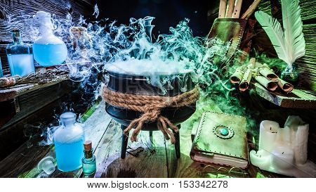 Mysterious Witcher Cauldron With Books And Potions For Halloween