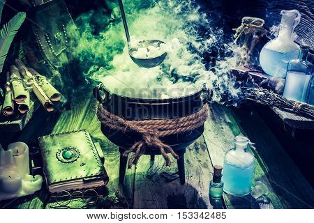 Mysterious Witch Pot With Blue Potions And Books For Halloween