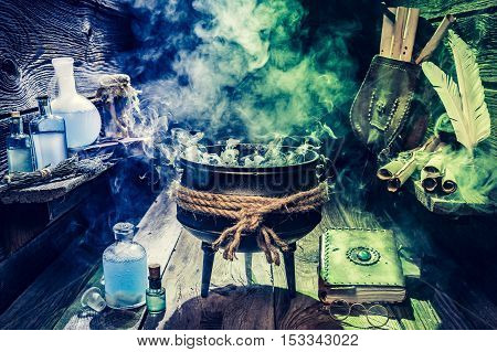 Full Of Magic Mixture Witch Pot With Blue Potions