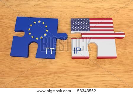 TTIP: EU and US Flag Puzzle Pieces On Wood 3d illustration