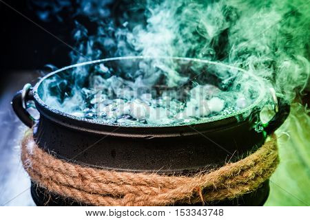 Closeup Of Witcher Cauldron With Magical Mixture For Halloween