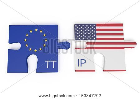 TTIP: EU and US Flag Puzzle Pieces 3d illustration