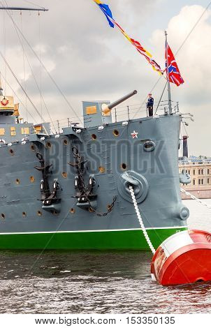 ST. PETERSBURG RUSSIA - JULY 29 2016: The legendary revolutionary cruiser Aurora at the place of eternal parking on the Petrograd embankment