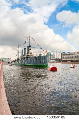 ST. PETERSBURG RUSSIA - JULY 29 2016: The legendary revolutionary cruiser Aurora at the place of eternal parking on the Petrograd embankment