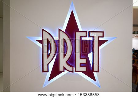HONG KONG - CIRCA JANUARY, 2016: close up shot of Pret a Manger sign. Pret a Manger is a sandwich shop chain based in the United Kingdom