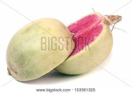 one sliced watermelon radish isolated on white background.