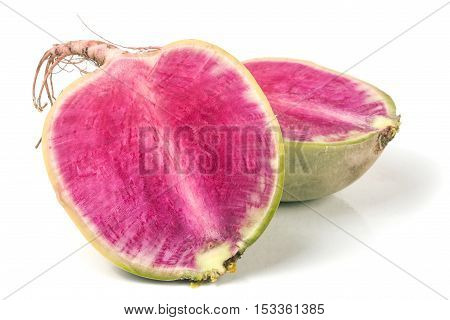 one sliced watermelon radish isolated on white background.