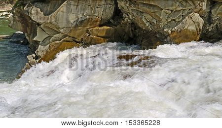 Rough stream of mountainous river Prut in Ukraine Carpathians;