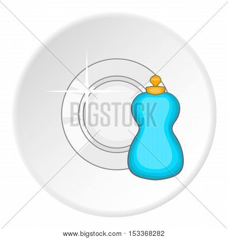 Blue bottle of dish soap and clean plate icon. Cartoon illustration of bottle of dish soap and clean plate vector icon for web