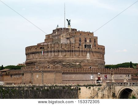 Rome - View of Castel Sant'Angelo Castle of the Holy Angel built by Hadrian in Rome along Tiber River