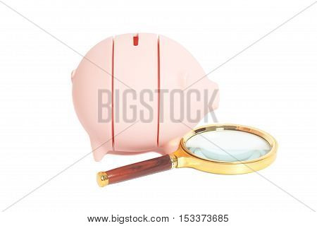 Piggy bank with magnifying glass isolated on white