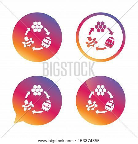 Producing honey and beeswax sign icon. Honeycomb cells symbol. Honey in pot. Sweet natural food cycle in nature. Gradient buttons with flat icon. Speech bubble sign. Vector