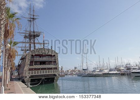 ALICANTE SPAIN - AUGUST 31: replica of spanish warship santisima trinidad anchored in alicante harbor actually used as restaurant. Picture taken on August 31 2016 in alicante spain.