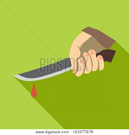 Hand holding knife with blood icon. Flat illustration of hand holding knife with blood vector icon for web isolated on green background