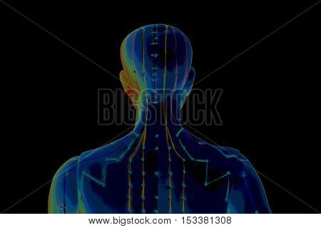 Medical acupuncture model of human on black background