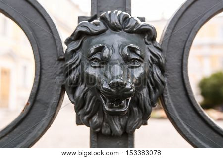 Iron antique lion head. Design the gate with the heads of lions at the Museum Derzhavin Palace in Saint-Petersburg.