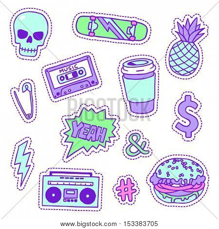 Set of neon color masculine sketchy patches. Different trendy badges and pins. Oldschool vector pictograms in line-art style with 90's colors. Skate, mixtape, coffee and lightning bolt icons.