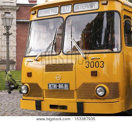Saint Petersburg Russia September 17 2016: Old yellow bus parked in St. Petersburg Russia