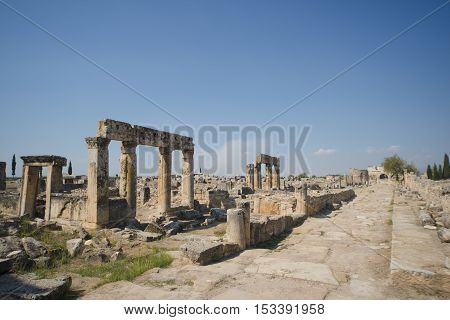 Hierapolis City Ruins. The ruins of the ancient city of Hierapolis is located adjacent to the hot springs of Pamukkale in Turkey. The site is a UNESCO world heritage site.
