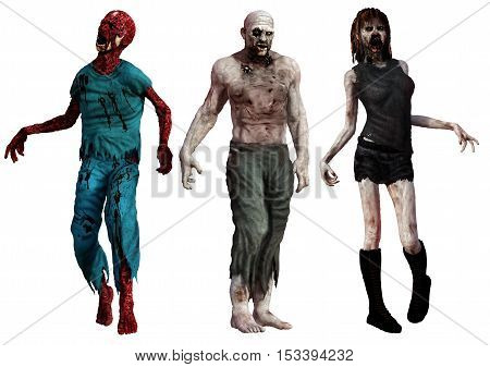Three attacking bloody horror zombies 3D illustration